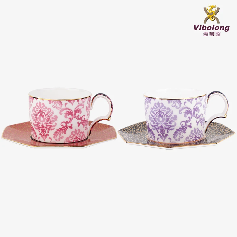 wholesale Ceramic European country Style Luxury Porcelain Bone China Coffee Cup and Saucer Set Gold rim Teacup with Spoon