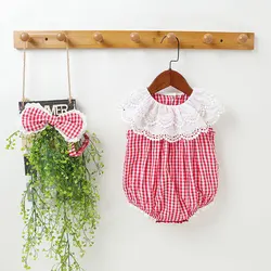 Cute Infant Clothes 2 Piece Plaid Floral Lace Collar Sleeveless Baby Girl Romper+bow Headband Birthday Princess Bodysuit 0-18M