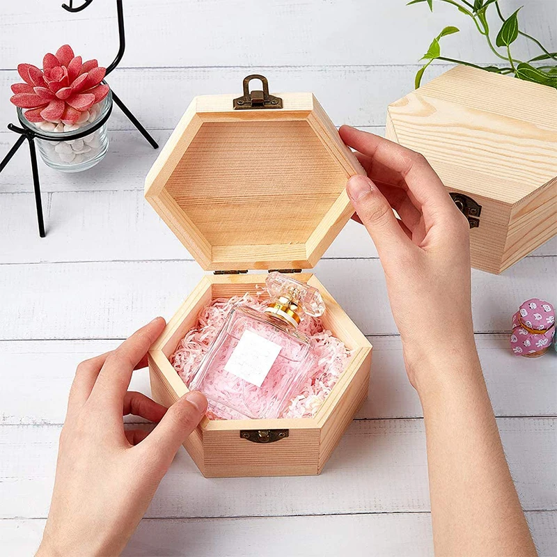 Natural Hexagon Unfinished Wooden Box Wood Storage Box with Hinged Lid and Front Clasp