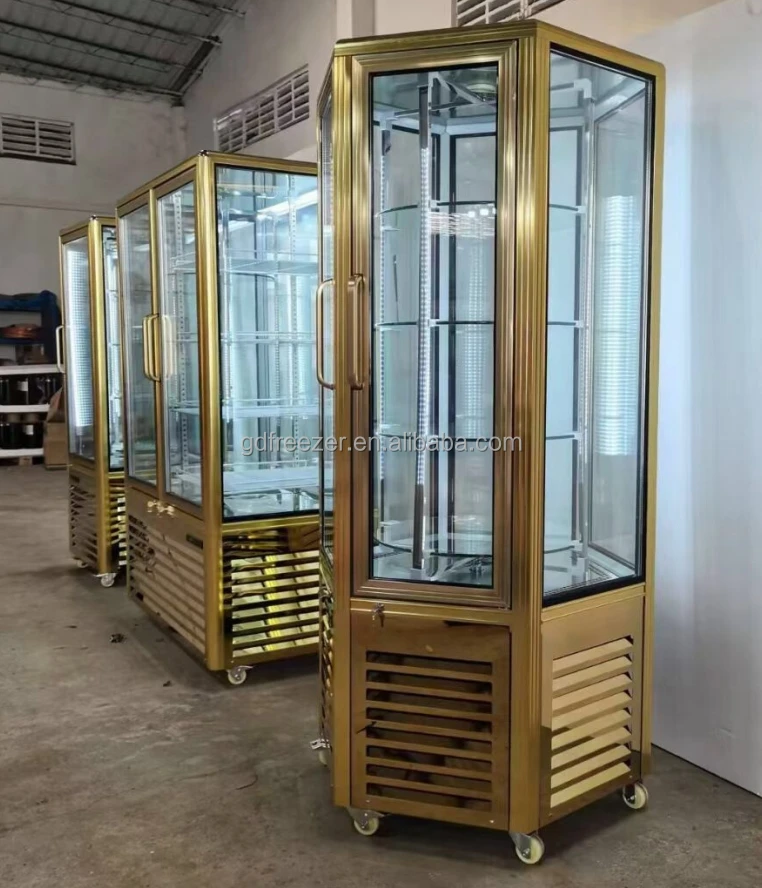6 side glass 2 door luxurious Stand up Cake display case Bakery upright refrigerator showcase with golden color