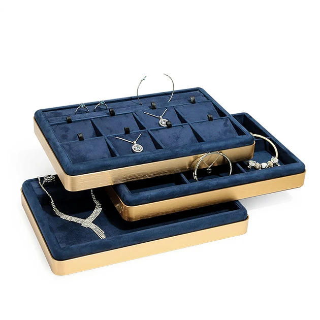 Wholesale blue suede leather necklaces earrings bracelets rings display jewelry tray