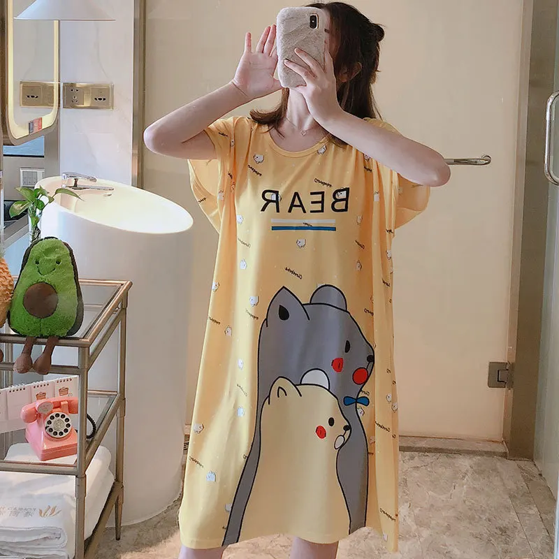 P039 Summer Plus Size Nightdress Cute Cartoon Printed Sleepwear Dress Ladies Everyday Loungewear Pajama Onesie Nightgown