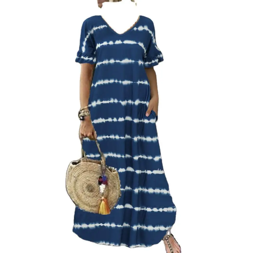 
2021 Autumn Dresses S-5xl Plus Size Women Short Sleeve Tie Dye Striped Dress Robe Femme Long Casual Loose Streetwear Maxi Dress 