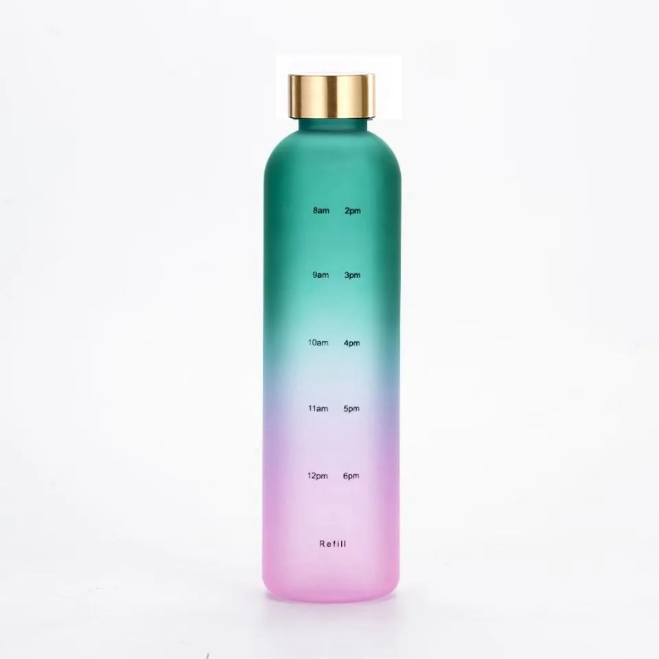 Multiple Gradient Color Motivational Time Marker Leak-Proof Tritan Sport Plastic Water Bottle BPA Free Frosted 1 L 32 Oz Bottle