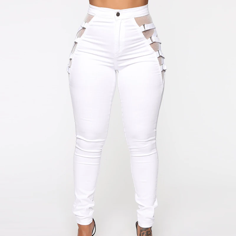 wholesale Custom cheap price mesh lace jeans wholesale ladies white jeans