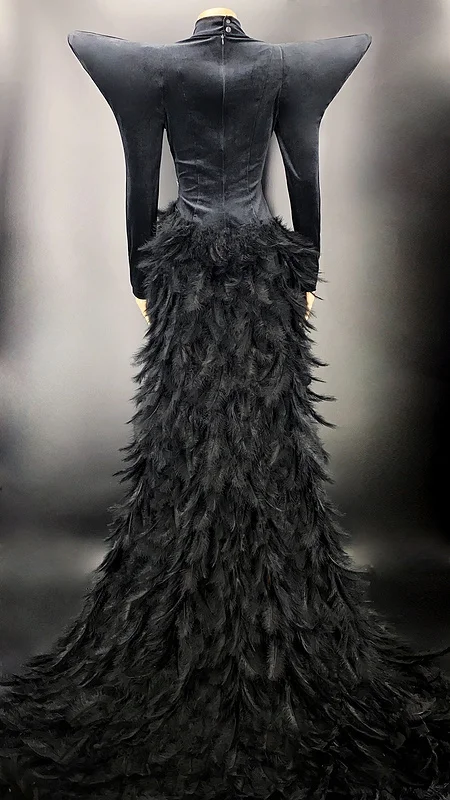 Black Feather  Dress Tail Diamond Snake Cutout Dresses For Women Goth Clothing Red Carpet