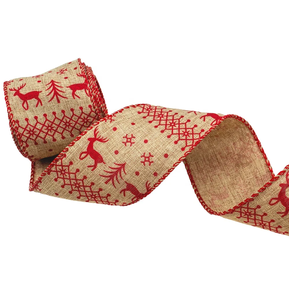 Gordon Ribbons Custom Burlap Ribbon Roll Natural Color For Crafts Wrapping Christmas Jute Ribbon Printed Snowman with Wired Edge