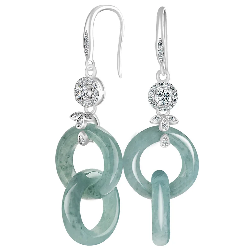 Fashion Jewelry A Type Natural Blue Jadeite Hoop Donut With White Topaz S925 Sterling Silver Earrings