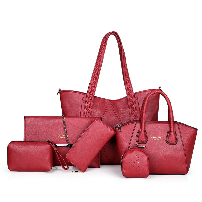 
2020 new product oem high quality blue guangzhou real leather 6 pieces pu handbag set market women trendy bag handbags set 
