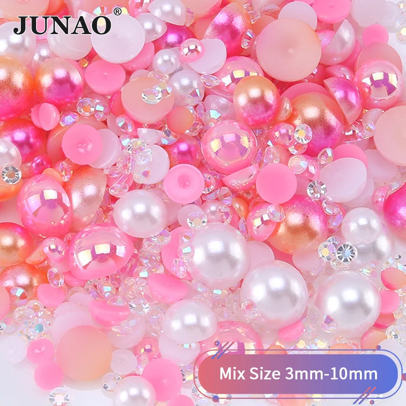 JUNAO Pearls Mixed Size 3-10mm Mix Candy Color Flatback Pearls Child Accessories Mixed Resin Rhinestones For Dress Nail Art