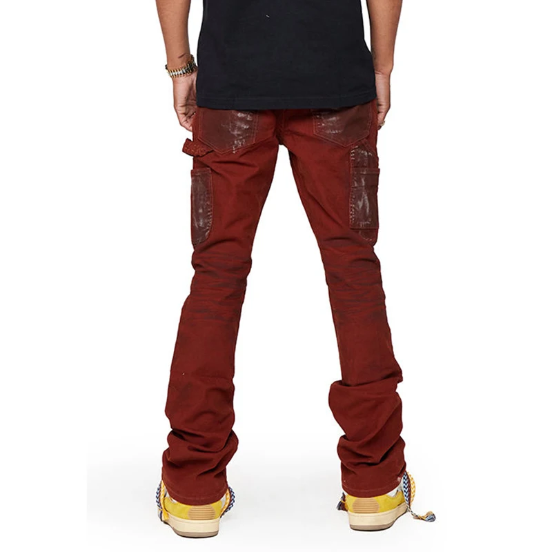 wholesale patch jeans paint splatter mens skinny jeans brown stacked jeans men flare