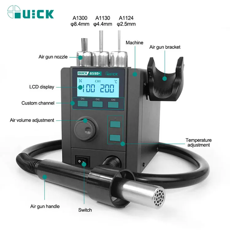 Quick 859D+ Lead Free Hot Air Station SMD Soldering Rework Station Original Engine 220V 3 in 1 Hot Air Gun Soldering Station