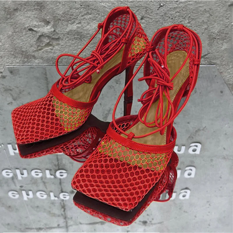 Fashion Brand Woman Pumps Sexy Hollow Mesh Summer Sandals Party Dress Pumps Shoes High Heels Square Toe Ankle Lace-up Women PU