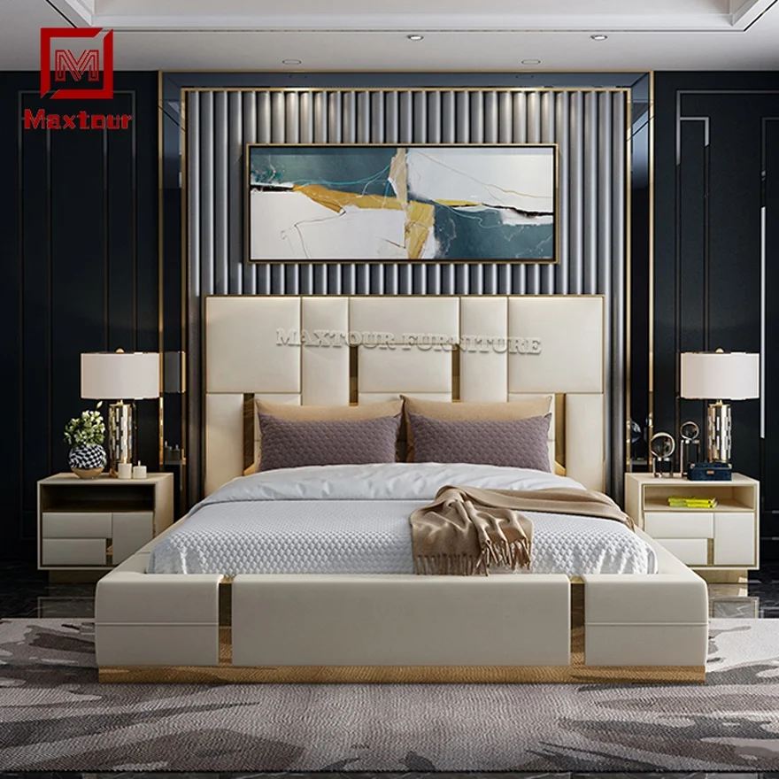 Italian Luxury Solid Wood King Size Bed With Night Stand White Master Bed Room Soft Home Bedroom Furniture Set