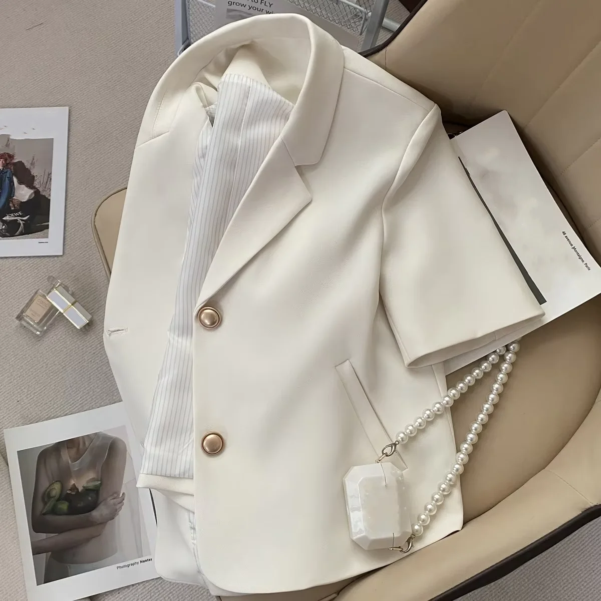 Summer Modest Classic Top Korean Chic White Jacket Short Sleeve Lapel Elegant Jacket Women Top