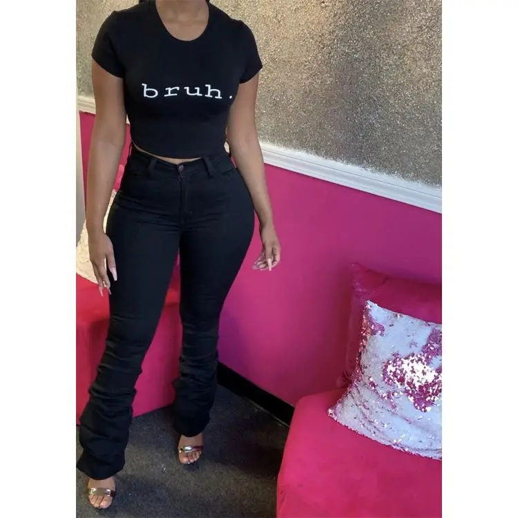 Классические однотонные джинсы с высокой талией, обтягивающие джинсы со складками на подоле, голубые джинсы для женщин