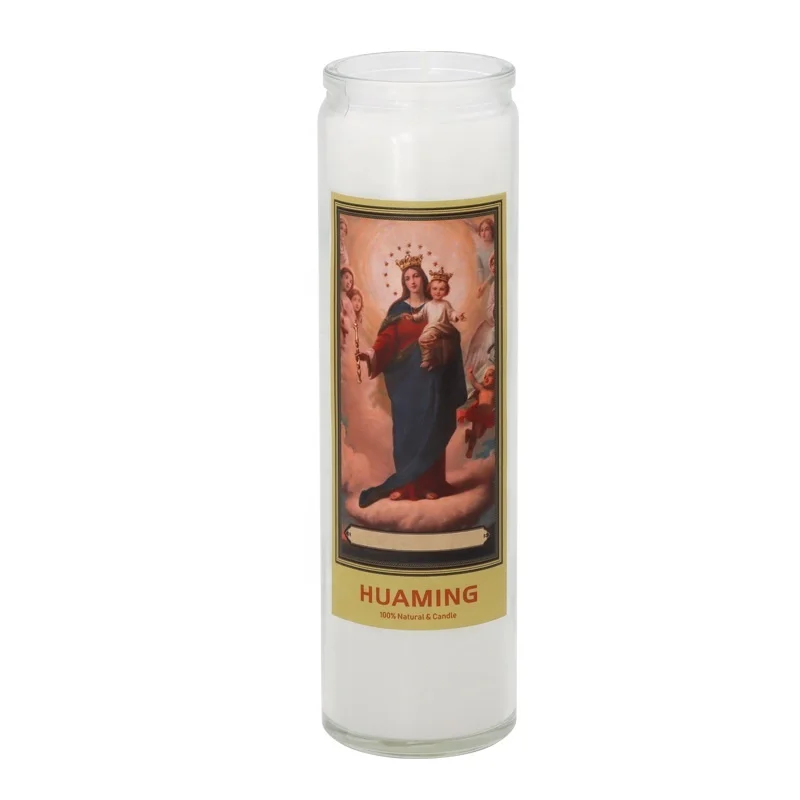 Wholesale Custom Printed Prayer Candle Tall Glass Jar Pillar Holy Death Santa St. Murte Soy Wax 7 Days White Religious Candles