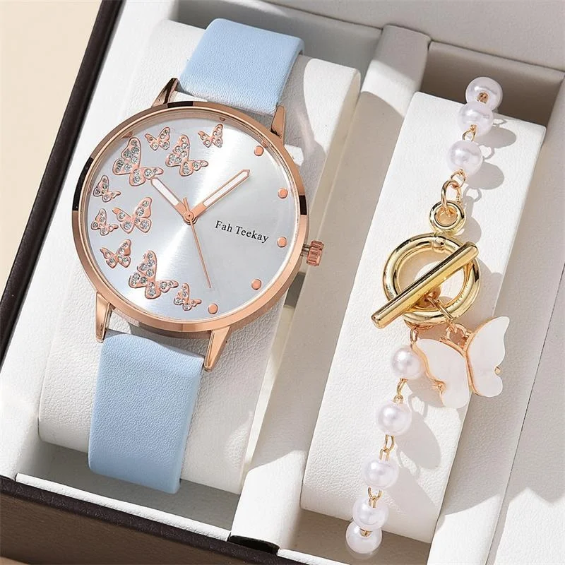 Many Different Colors Fashion Pearl Bracelet with Lady butterfly Belt Quartz Watch Set Jewelry