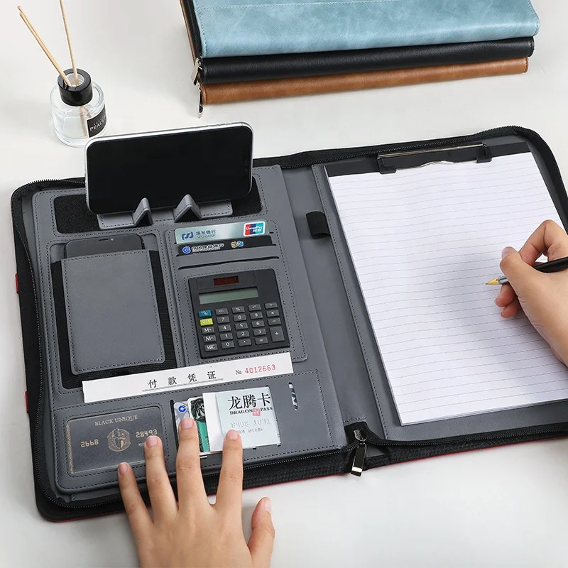 
Multi-functional Charging Notebook with 8000mAh Wireless Powerbank A4 Zipper Office Notebook 