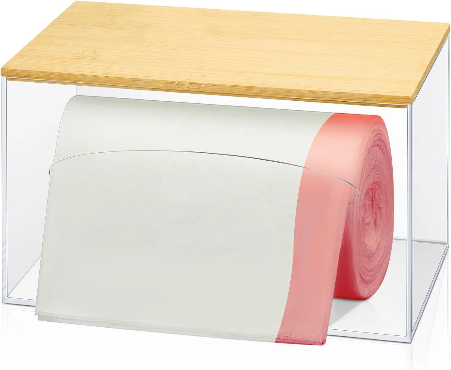 Extra-Large Acrylic Trash Bag Organizer Dispenser For Roll Bag Wall Mounted With Bamboo Lid For Kitchen Office