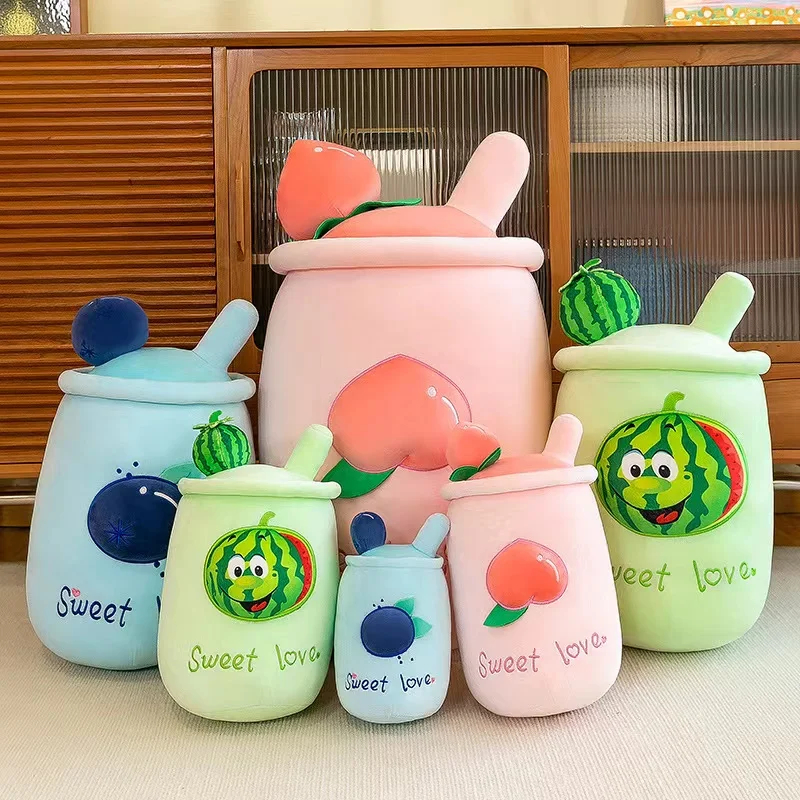 Lower MOQ Boba Fruit Tea Plush Toy Milk Tea Fruit Cup Plush Pillow Stuffed Boba plush toy wholesale