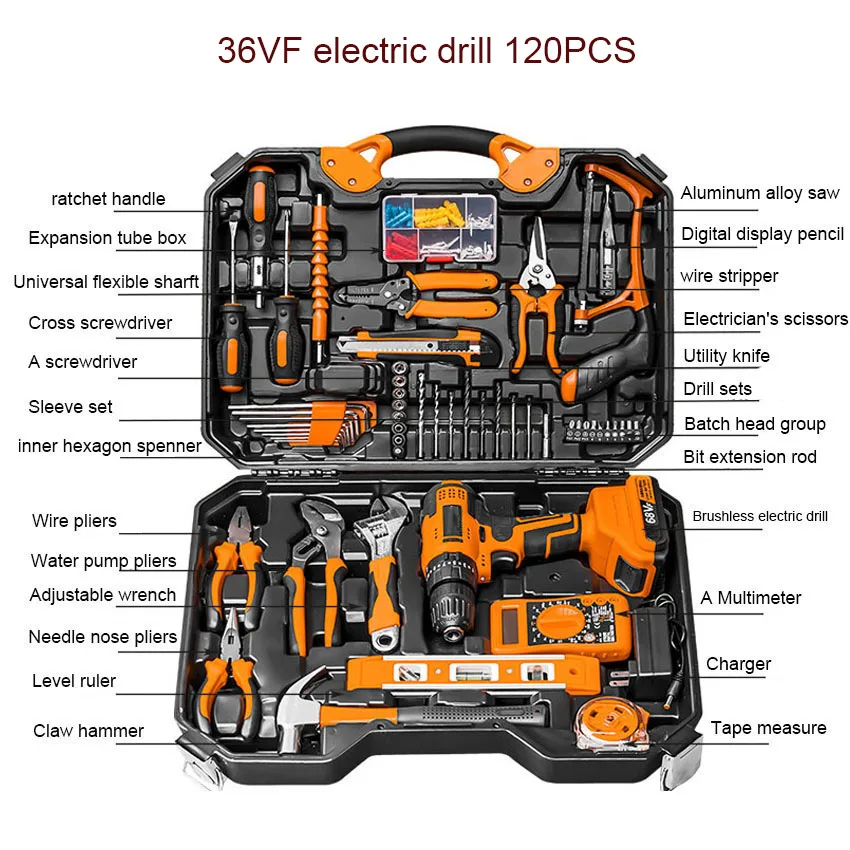 36VF multi-function  electric drill 120 pcs hardware tool sets lithium battery hand drill tool