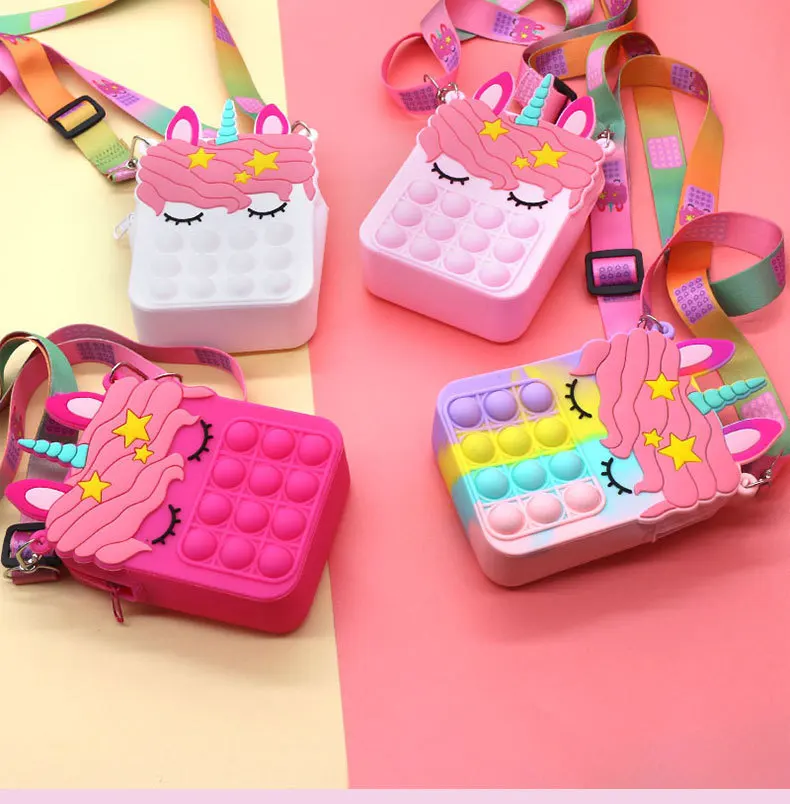 Stock Sensory Silicone Kids Sling Push Pop Fidget Toy Unicorn Bags