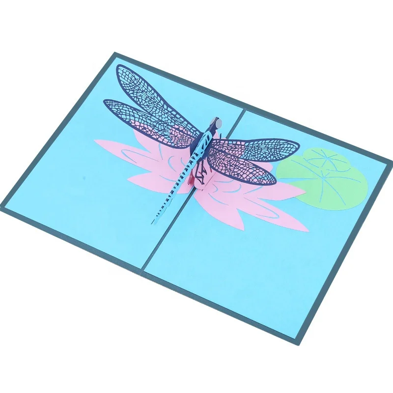 Customization Creative  Lotus Flower  Lotus Leaf  Dragonfly Anniversary Celebration Festival 3D Pop Up Greeting Card