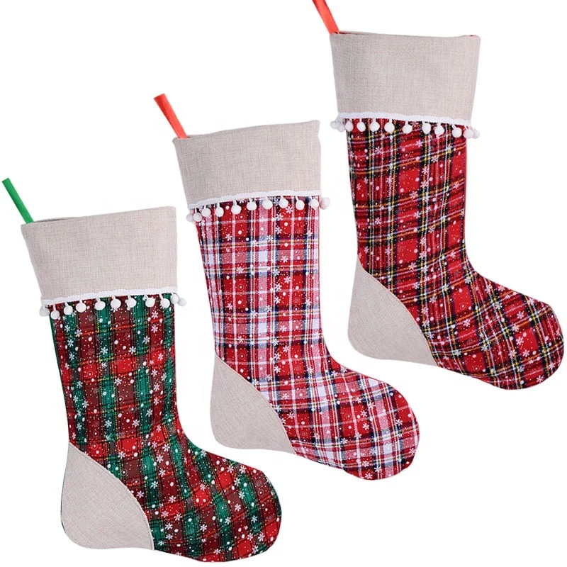 BSCI SJ0110-1 America popular burlap band snowy Christmas stocking lace balls custom plaid