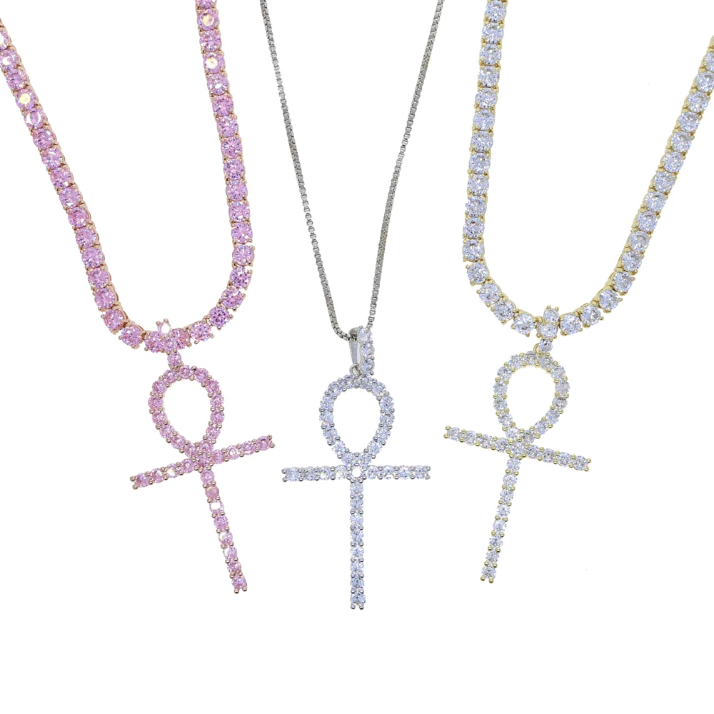 Trendy Design Iced Out Ankh Cross Pendant Necklace Micro Pave 5A Cubic Zirconia Cz Tennis Rope Chain Bling Women Jewelry