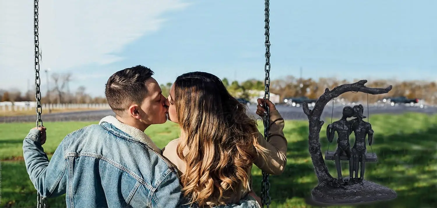 Iron Swing Couple Sculpture 6th Black Love Kiss Statue Home Decor Sweet Cast Iron for Wife Romantic Man Woman Figurines