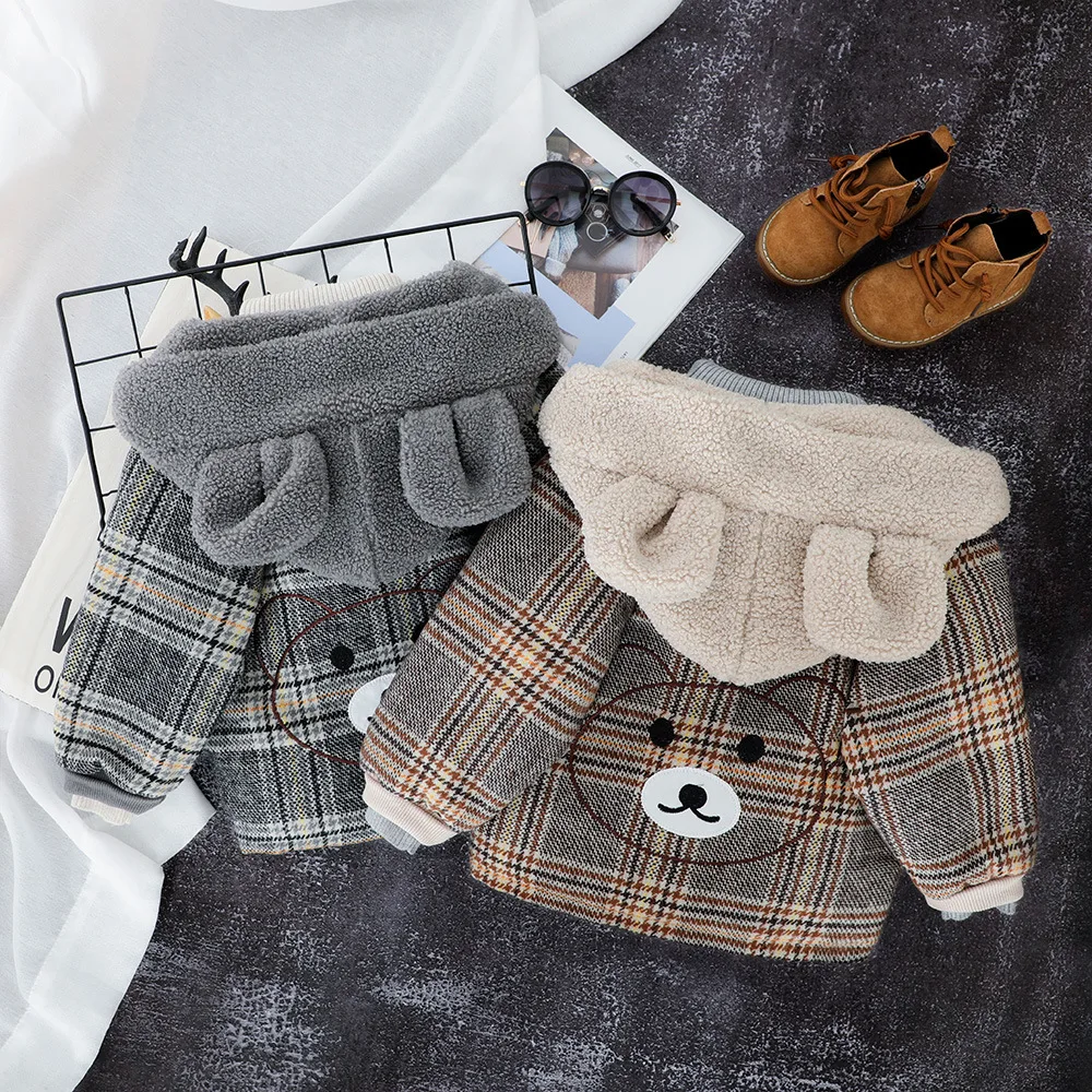 
Fashion toddler boy thick plaid winter outerwear baby coat with fleece hat 