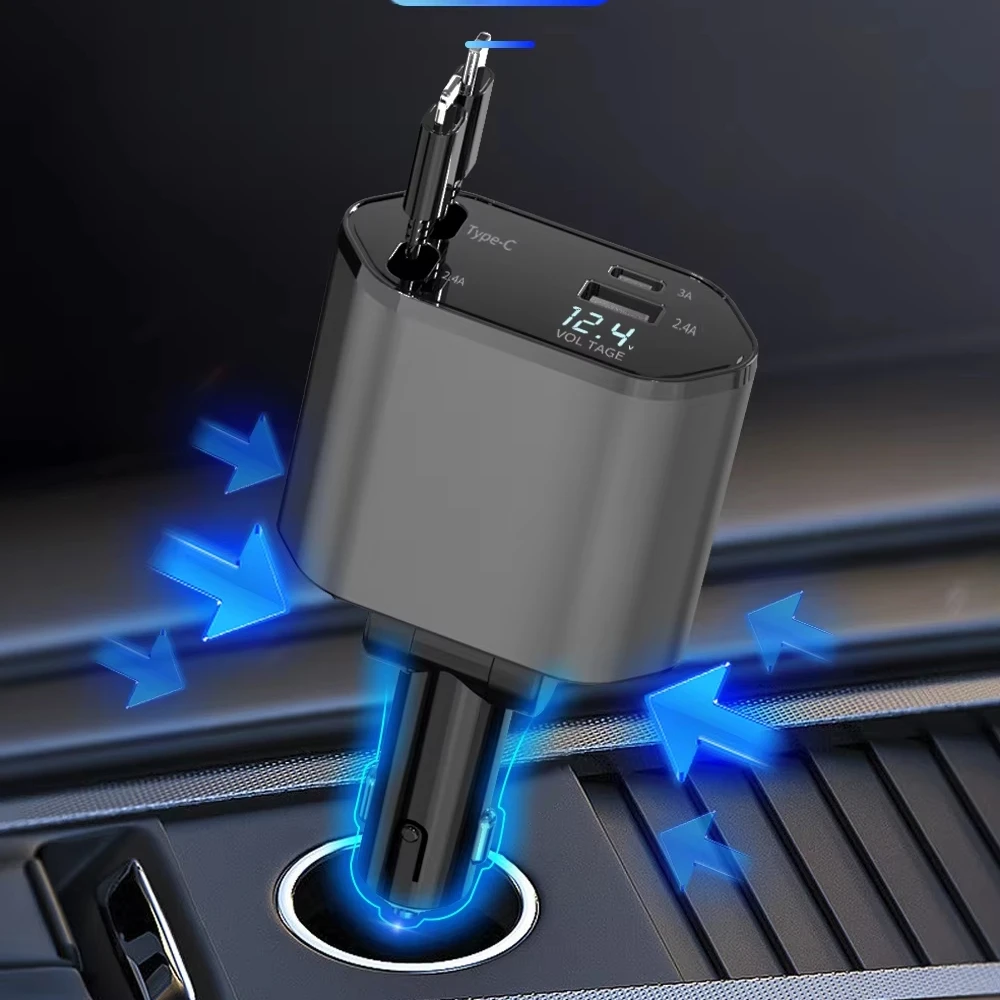 Retractable Car Charger, 4 in 1 Fast USB C Car Charger with Dual Retractable Cable Dual USB Ports, Voltage Display Car Charger