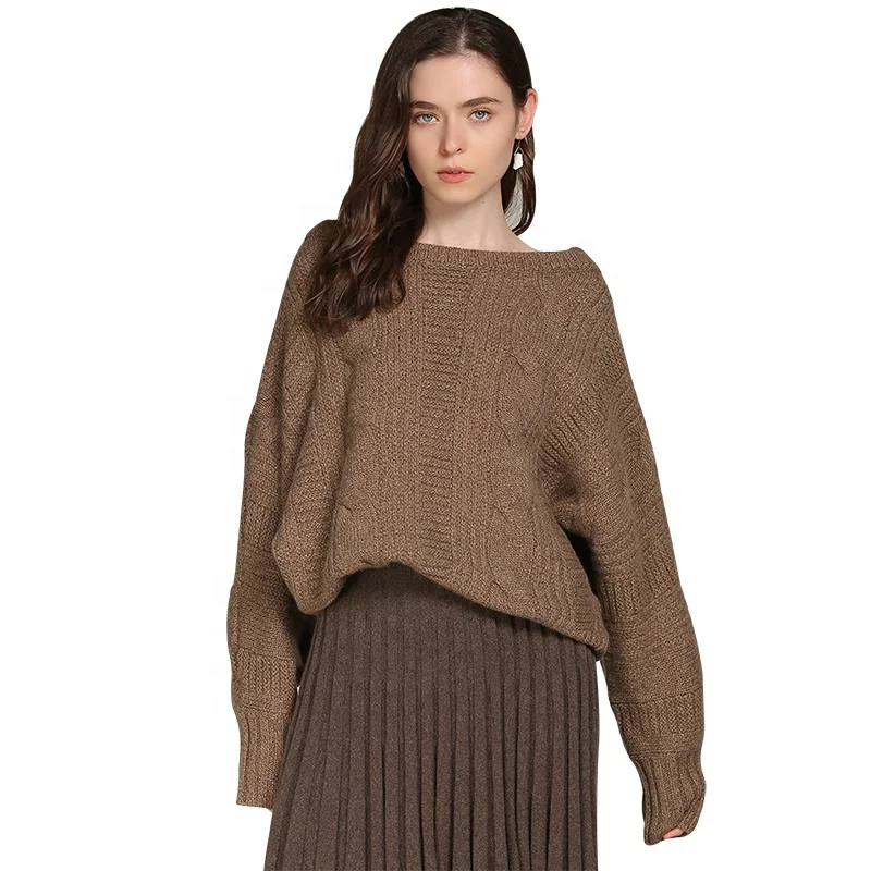 Women Thick Twisted Rope Hooded Warm Knit Pure Cashmere Sweater Pullover