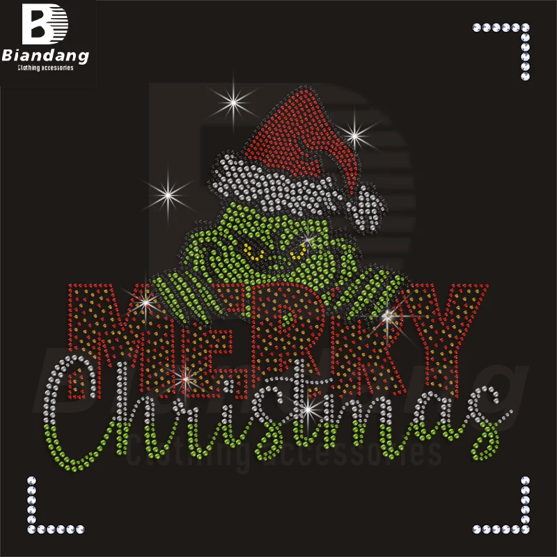 Custom Bling Cartoon Monster Designs Rhinestone Transfer Merry Christmas Decoration for Clothes Acessorries