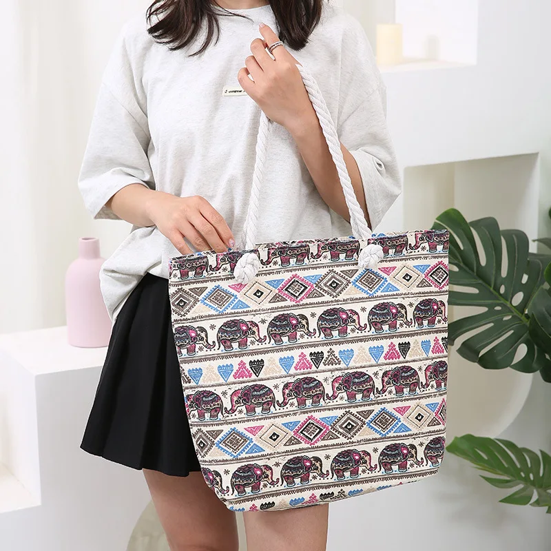Beach Travel Canvas Rope Tote Cute Shoulder Shopping Bag for Woman