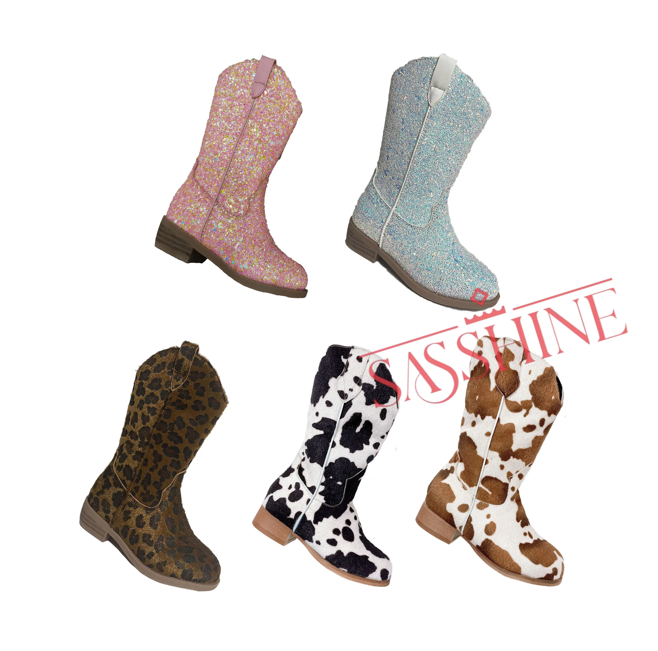 2022 Spring Fashion Toddler Baby Pink Glitter Cowboy Boots for Kids Girls Leopard Print Shoes Brown Cow Western Boots