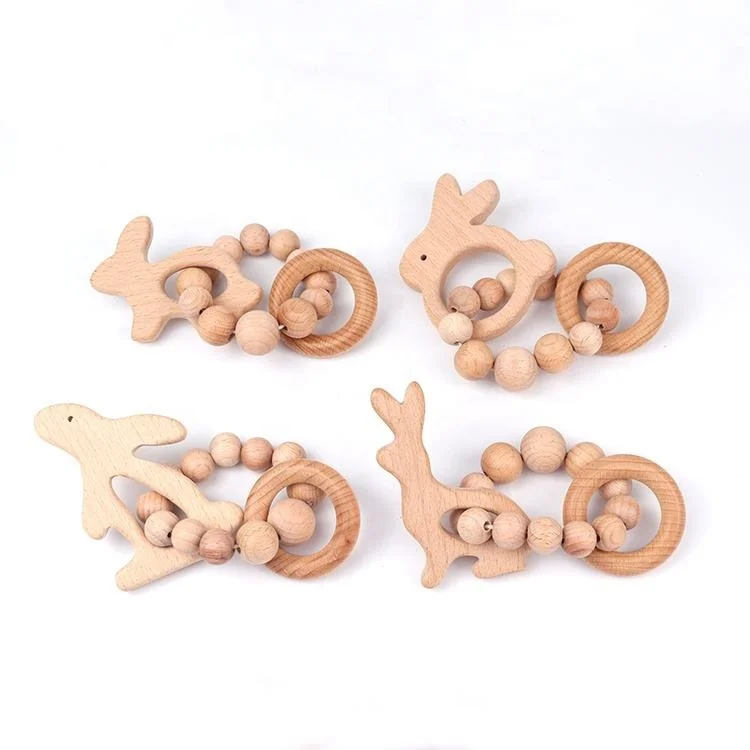 Factory price wholesale animal chewable toys beechwood teether ring wood baby teething bracelet