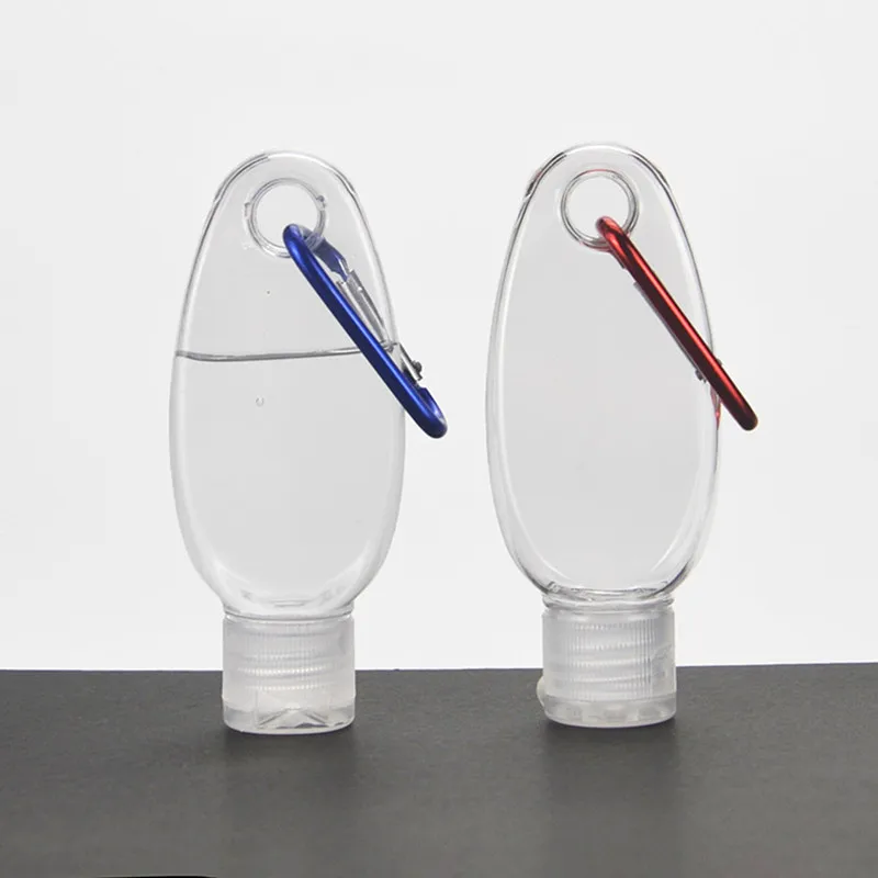 OEM Portable 30ml 50ml PEGT Clear Plastic Oval Shape Carabiner Keychain Bottle Flip Top Hand Sanitizer Bottle
