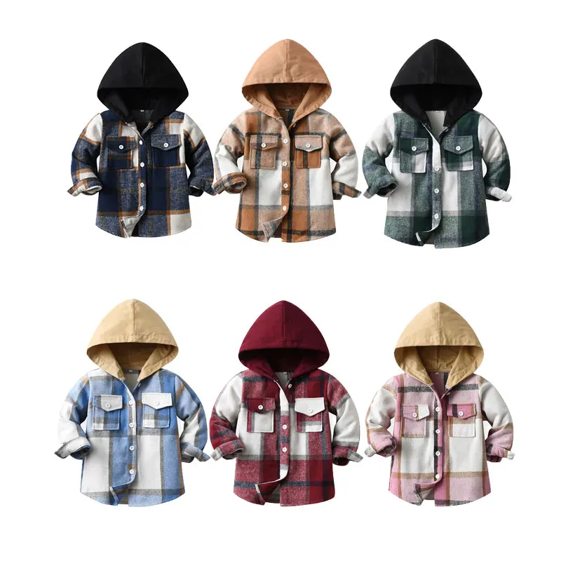 Новое Детское пальто на весну и осень нейтральная шерстяная клетчатая рубашка с капюшоном длинными рукавами большой детский топ модный