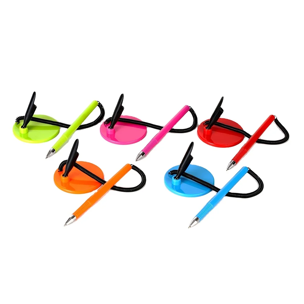 Promotional plastic slogan signing gel desk pen with chain desk stand plastic desk pen table pen with meta