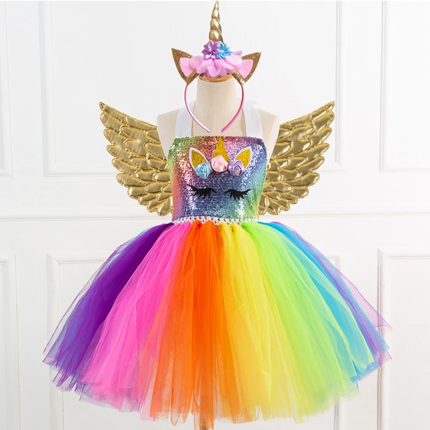 Princess skirt in Europe and America cartoon one corner pompout skirt with wing headdress new rainbow Sequin Girl Dress