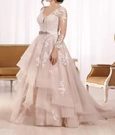 New Design Pink V Neck Long Sleeve Ball Gown Ruffles Lace Beaded Belt Plus Size Elegant Wedding Dresses For Bride