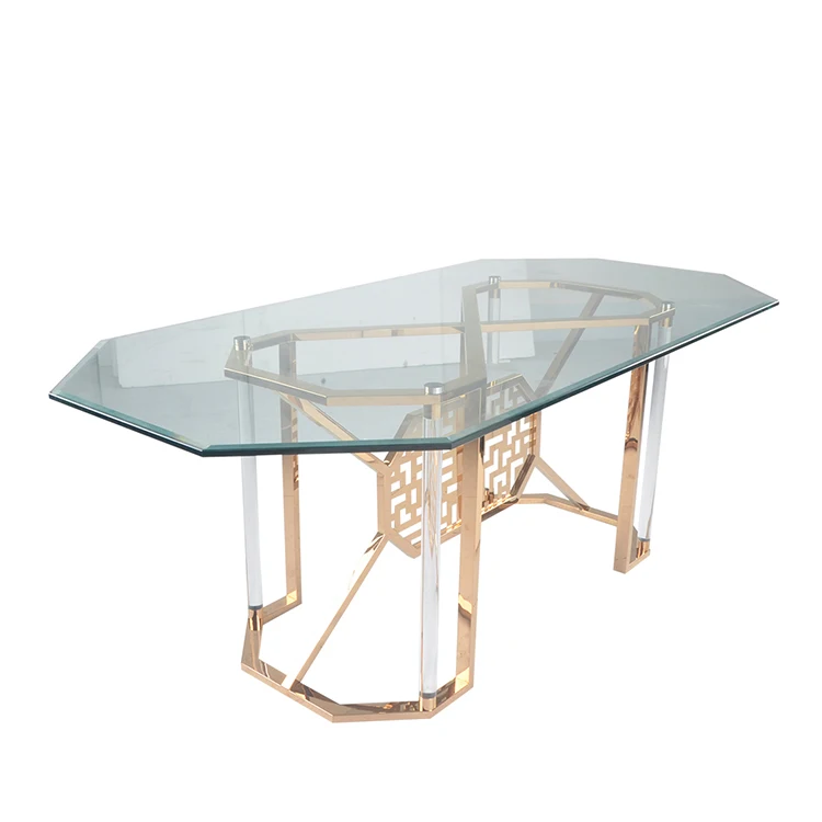 Chinese Furniture Rectangle Dinning Table For 6 8 People Tempered Glass Top Stainless Steel Dining Tables