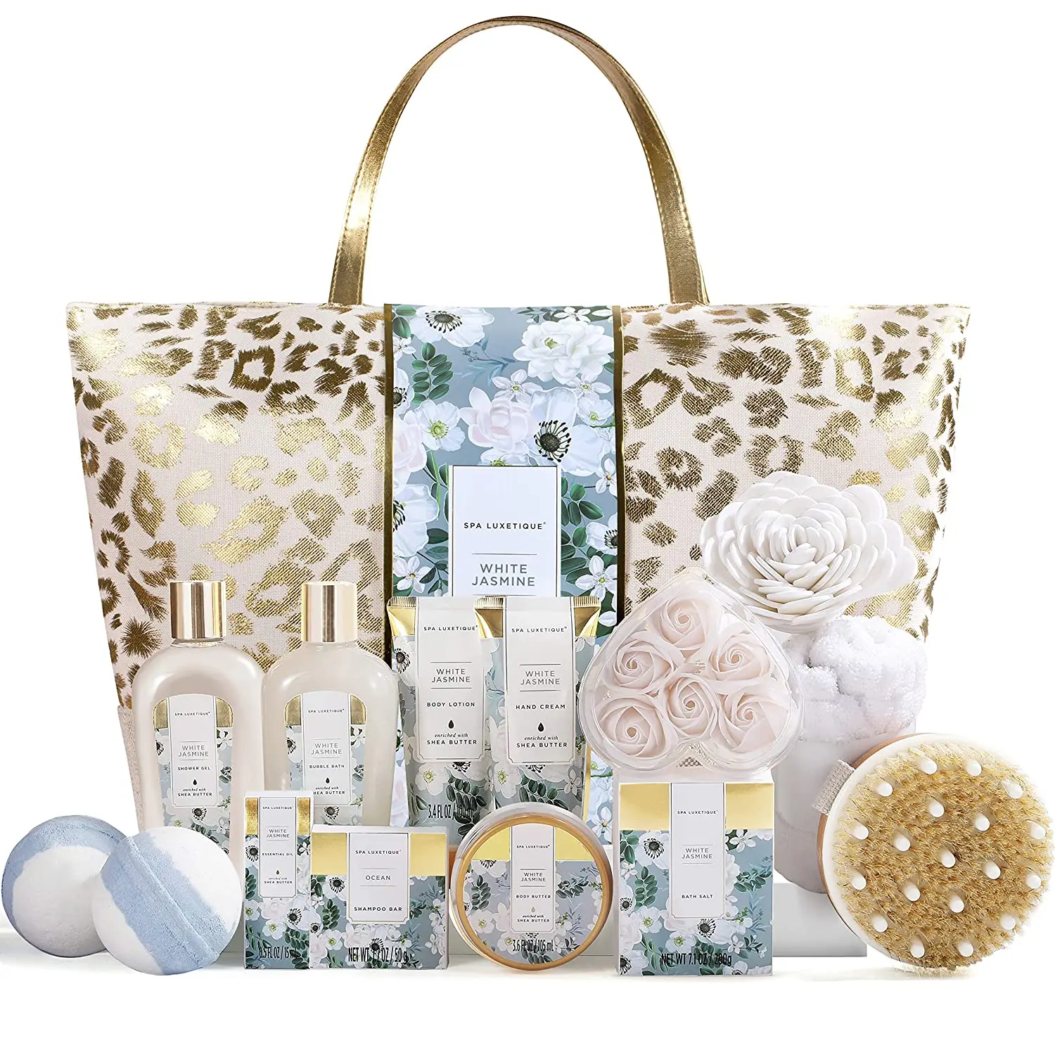 White Jasmine Spa Gift Basket for Women, 15pcs and Body Set with Shower Cap, Essential Oil, Salt, Bubble Bath