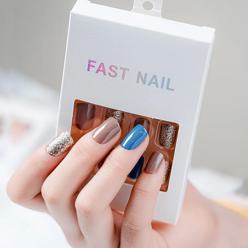 24pcs Fashion DIY False Nail Stickers Press On Women Full Cover Glue Self Artificial Nails For Finger