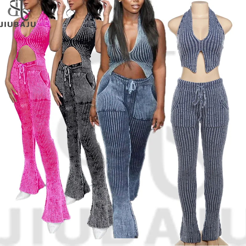 2024 Knit Sweater Set Deep V-neck Sexy 2 Piece Set Women Backless High Waist Bell Pants Set