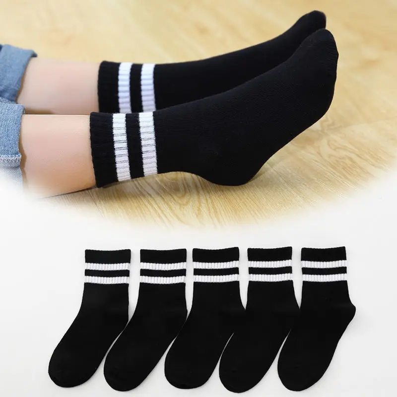Jingwen OEM Calcetines Escolares Para Ninos Girls Black White Cotton Stripe Kids Socks For School