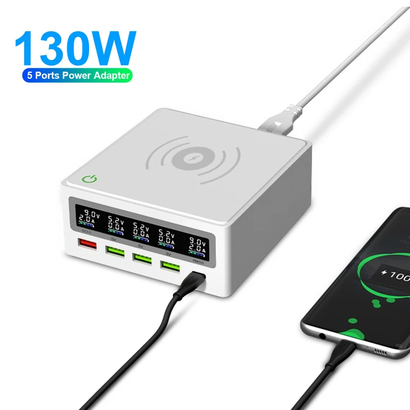 130W/5 Ports Desktop USB Charging Station with LCD Display,QC3.0 & 65W USB C Charger Hub Wireless Charger for Phone/Laptop
