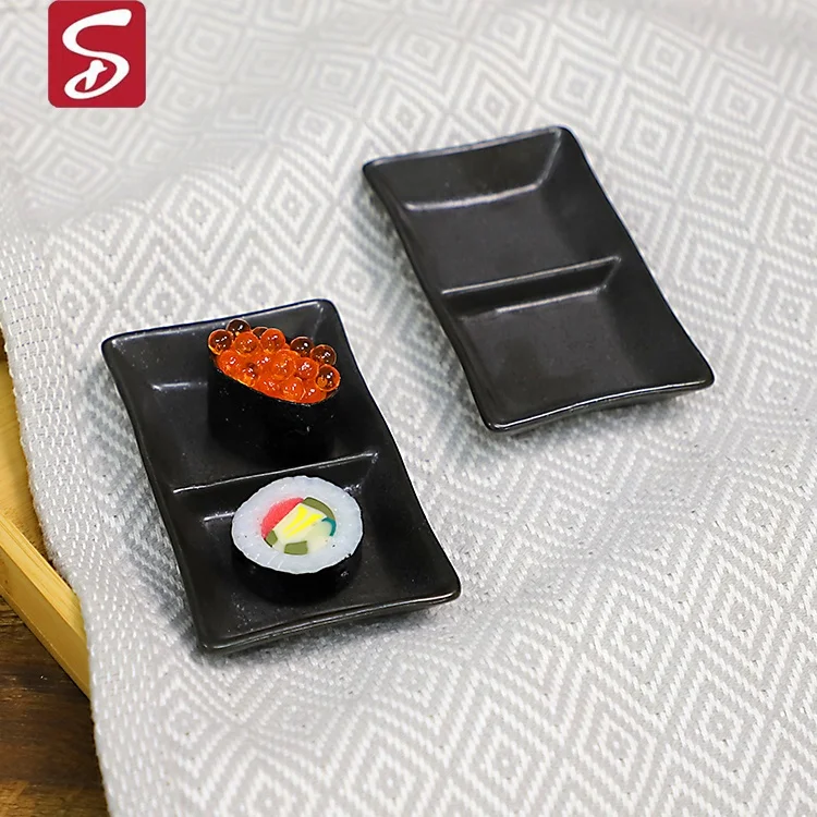 Ceramic Appetizer Serving Tray Divided Serving Platter Chips Dip Sauce Dishes 2 Compartment Snacks Dishes Tray for Spices Black